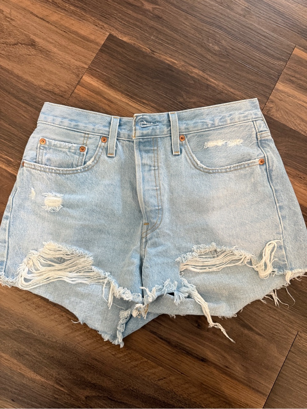 Levi's Light Blue Distressed High-Rise Jean Shorts